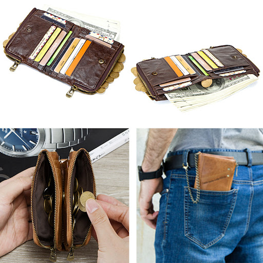 Title 3, Multifunctional Double Zipper Top Layer Cowhide...
