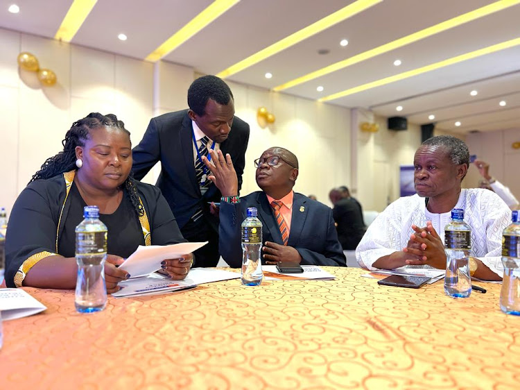 Transparency International - Kenya Executive Director Sheila Masinde, Radido Dooso, Author Patterson Okhako and Former EACC Chairperson PLO Lumumba during the launch on October 27,2023