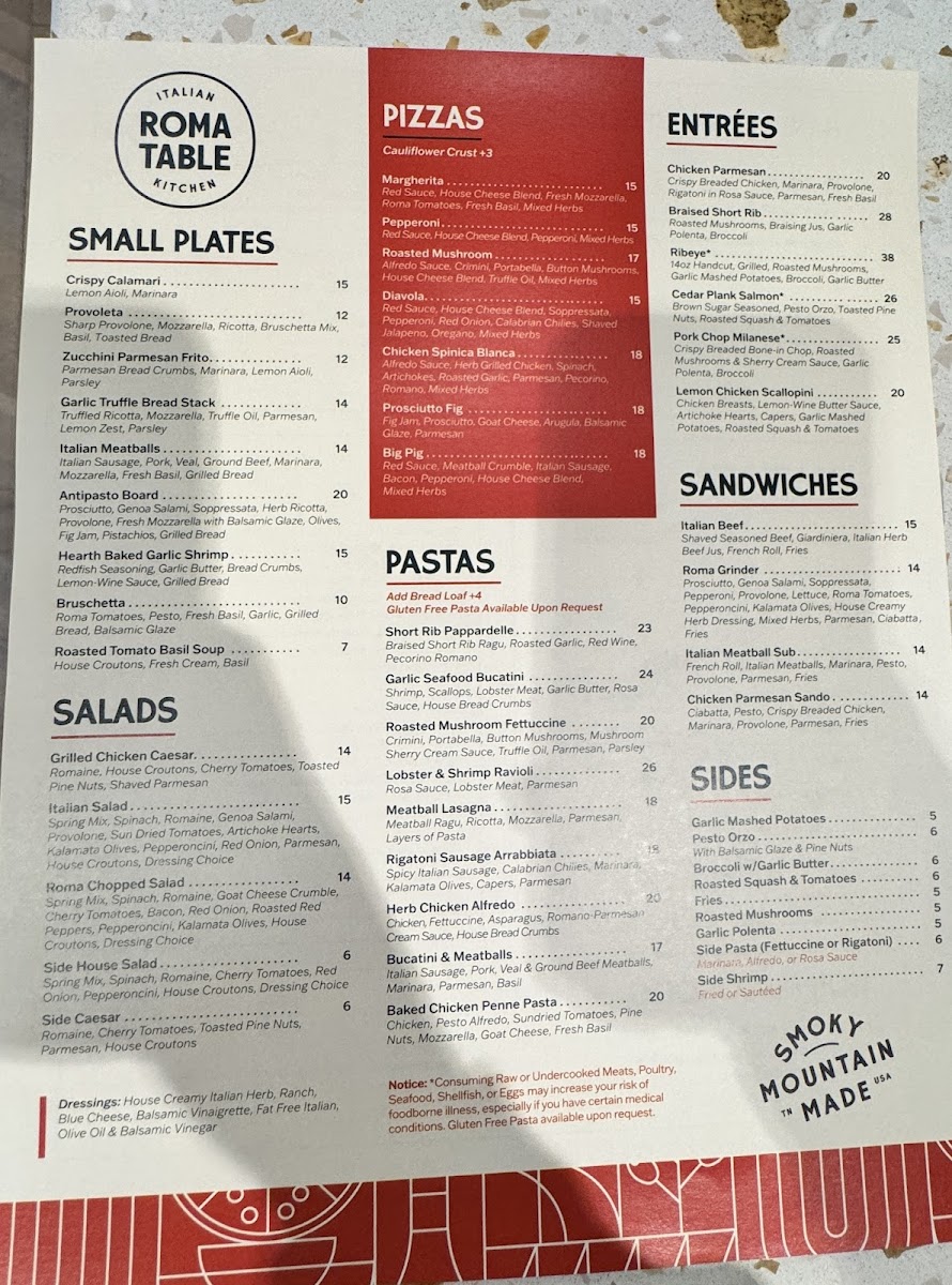 Roma Table gluten-free menu