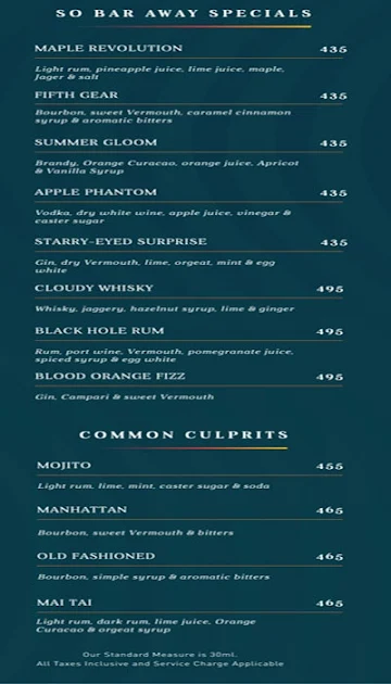 So Bar Away menu 