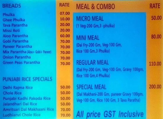 Phulka menu 