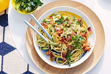 Massimo Mele's speedy carbonara with asparagus, pancetta and pecorino
