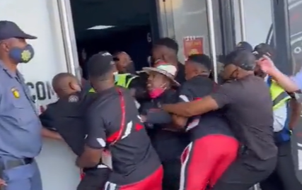 A screenshot of the video posted by TS Galaxy on their official Twitter account showing Galaxy chair Tim Sukazi being manhandled by security officials at Orlando Stadium at the DStv Premiership game against Orlando Pirates on December 11 2021.