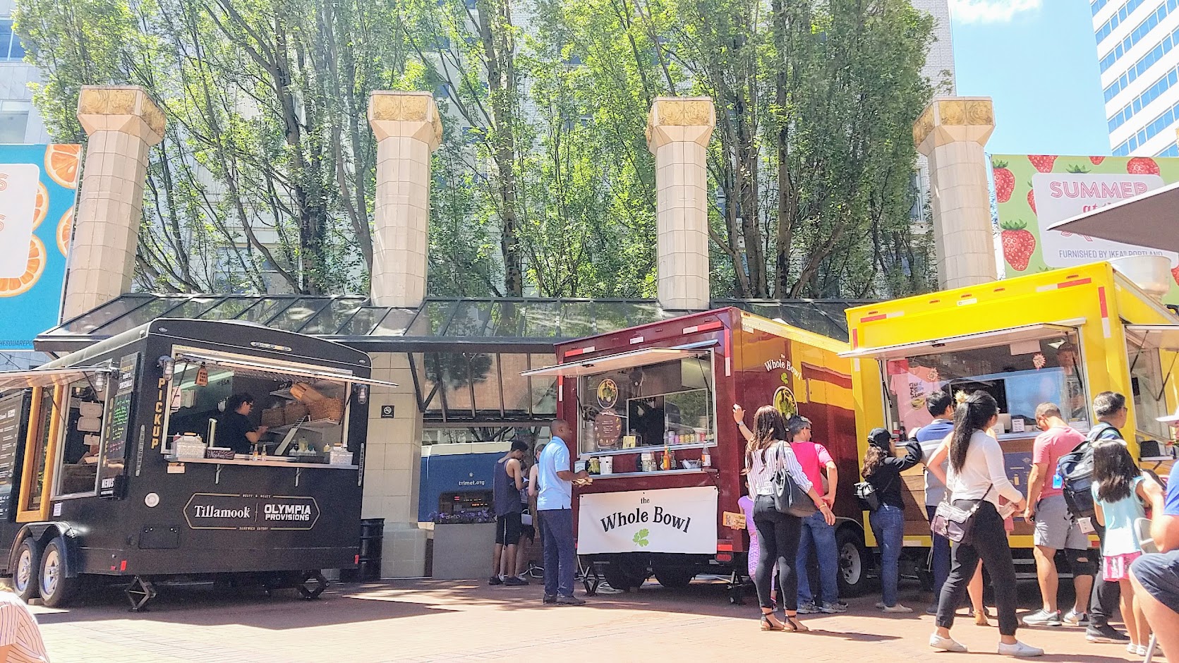 Pioneer Courthouse Square, the Carts on the Square are the 5 food carts located in the upper level of the square