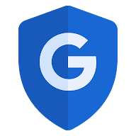 Blue security shield with pointed tip and Google's capital G logo in the middle.