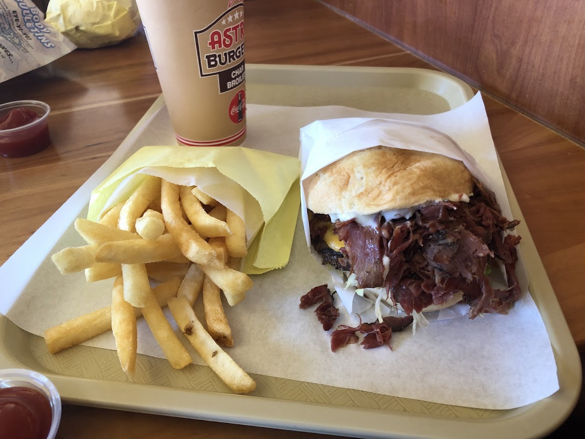 Amazing Astro burger with gluten free bun and fries made in dedicated fryer