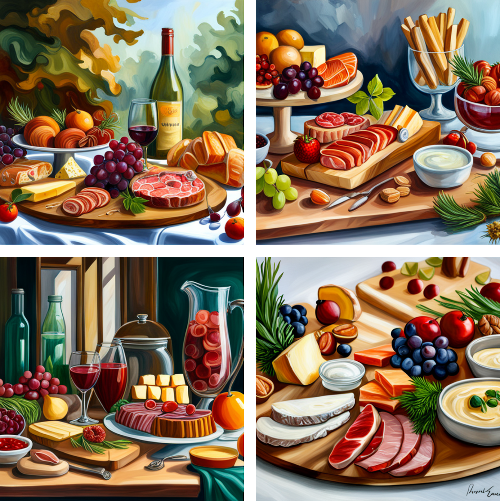 Four images of an oil painting of a charcuterie board generated by Jasper Art.