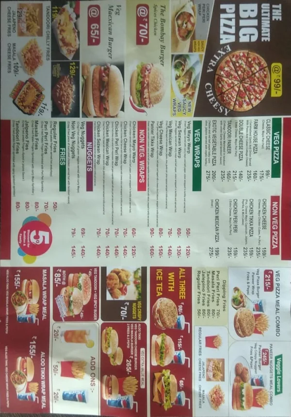 The Bombay Burger's menu 