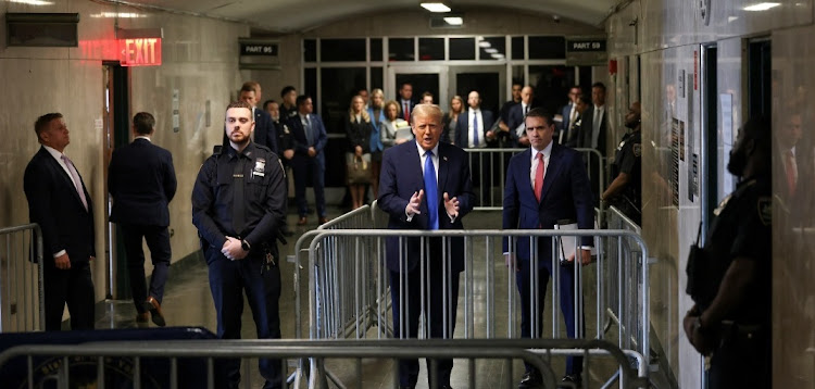 Former US president and Republican presidential candidate Donald Trump speaks after leaving the court at Manhattan Criminal Court in New York, the US, April 22 2024. Picture: Yuki Iwamura/Reuters