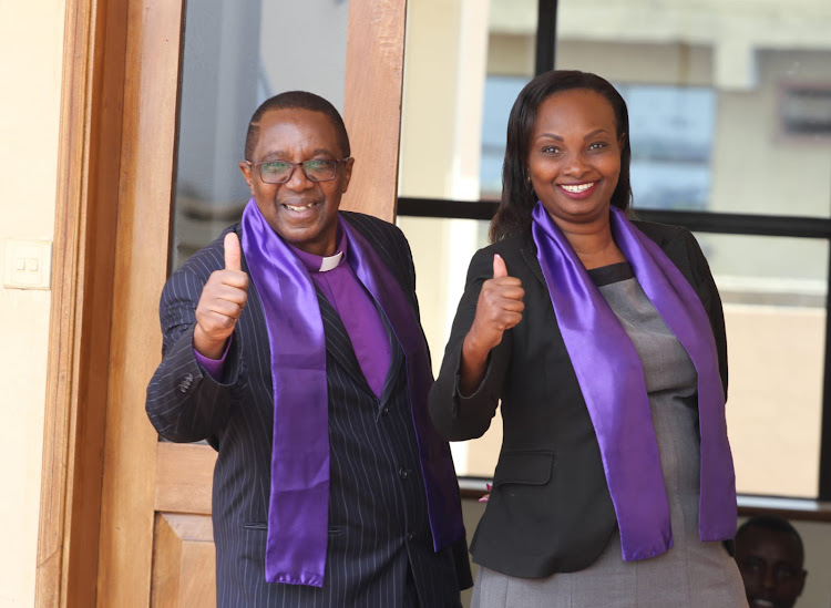 Agano Party presidential candidate Mwaure Wahiga with his running mate Ruth Mucheru Mutua arrives for the launch of manifesto on July 4,2022.