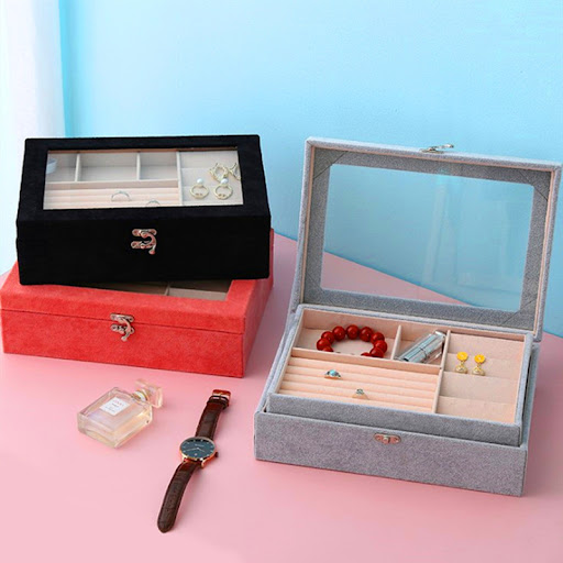 Title 4, Ice Flower Velvet Jewelry Box with window, eleg...