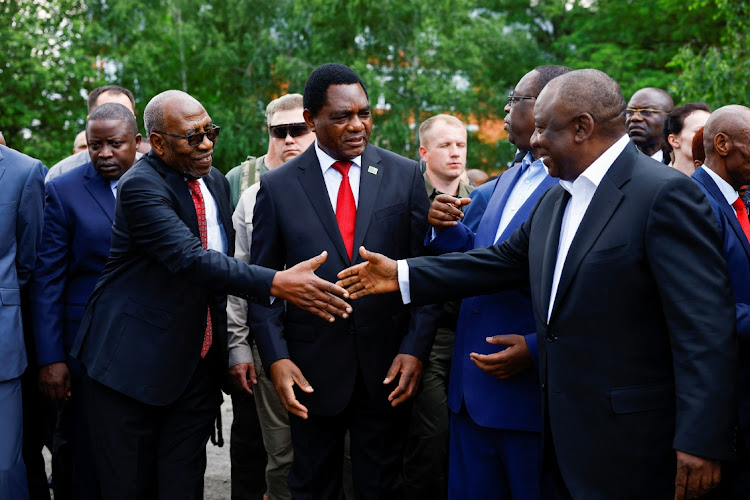 Former Prime Minister of Uganda, Ruhakana Rugunda, Zambia's President Hakainde Hichilema, Senegal's President Macky Sall and South African President Cyril Ramaphosa visiting the site of a mass grave during their African peace initiative in Ukraine last month.
