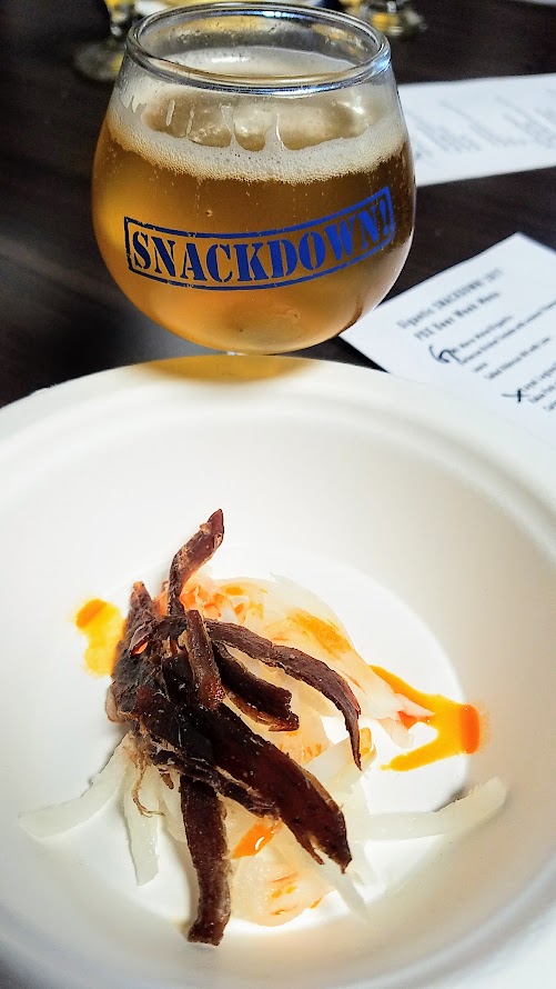 Snackdown 2017 for PDX Beer Week, Biwa/Baerlic probably had one of the hardest entries of the night for the crowd with their Dried Beef with rayu and pickled daikon and Eastside Pilsner