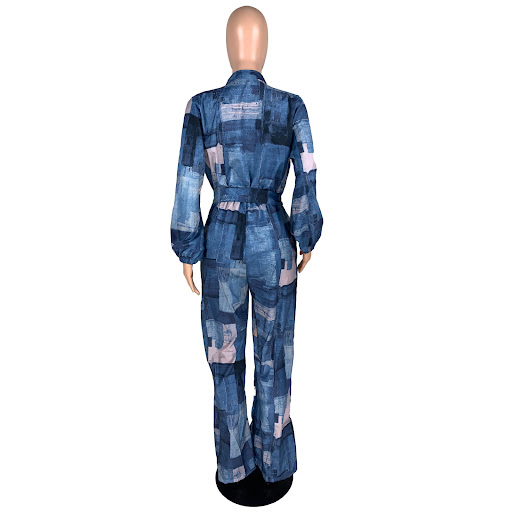 Title 2, Faux Denim Print Loose Belt Wide-Leg Loose Jump...