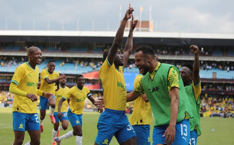 Peter Shalulile celebreates his second goal with team mates during the CAF Champions League match between Mamelodi Sundowns and Al Ahly at Loftus Versfeld on March 11, 2023 in Pretoria, South Africa.