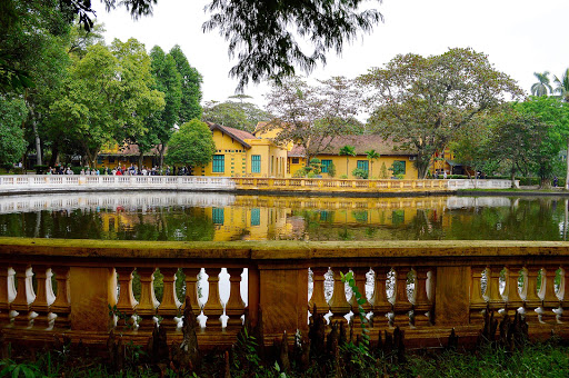 A railing runs around the lake on the mausoleum grounds honoring former Vietnamese leader Ho Chi Minh.