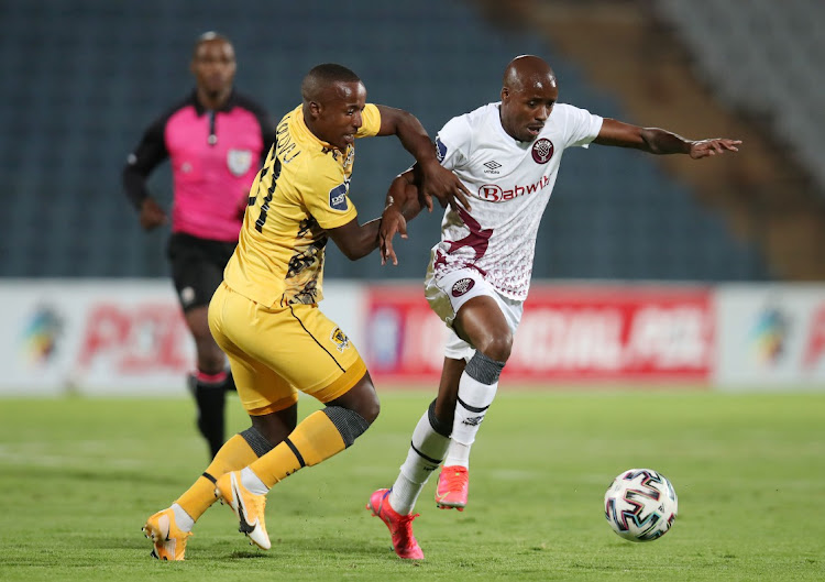 Bantu Mzwakali of Black Leopards challenged by Themba Ndlovu of Black Leopards during the DStv Premiership 2020/21 match between Swallows and Black Leopards at Dobsonville Stadium in Soweto.