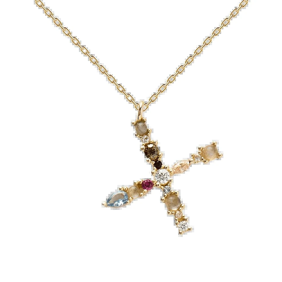 English Letter Necklace Female Colorful Crystals Gem S925 Pure Silver, Stylish and Elegant Jewelry, Perfect Gift Idea