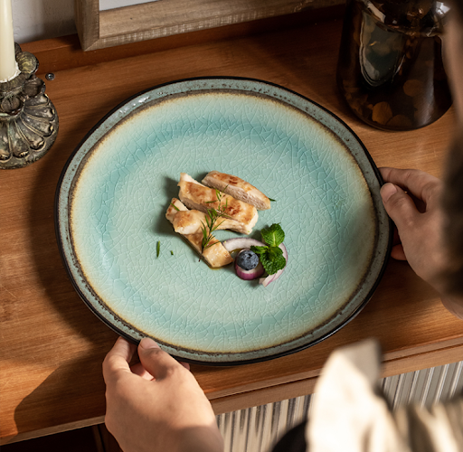 Title 9, Vintage Ceramic Ice Cracked Glaze Steak Disc, a...