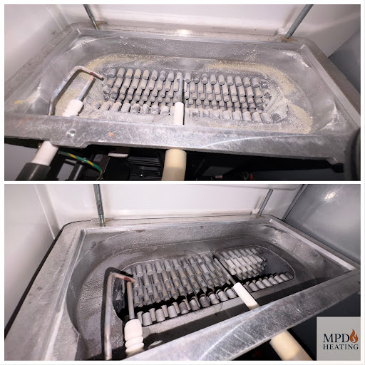 Before and after cleaning a heat exchanger on an annual service