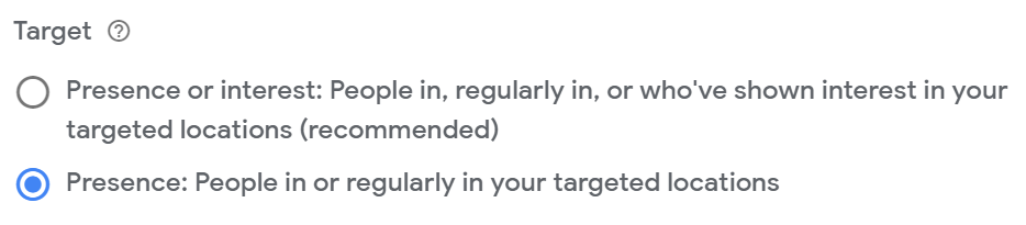 PMax location targeting options