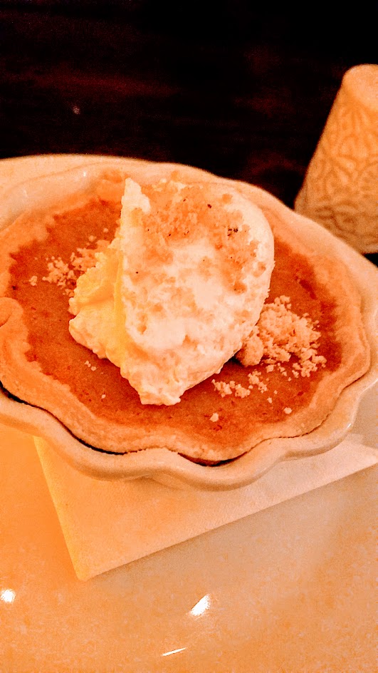 Dinner at Verdigris dessert of Pumpkin Pie with chantily cream and nut streusel