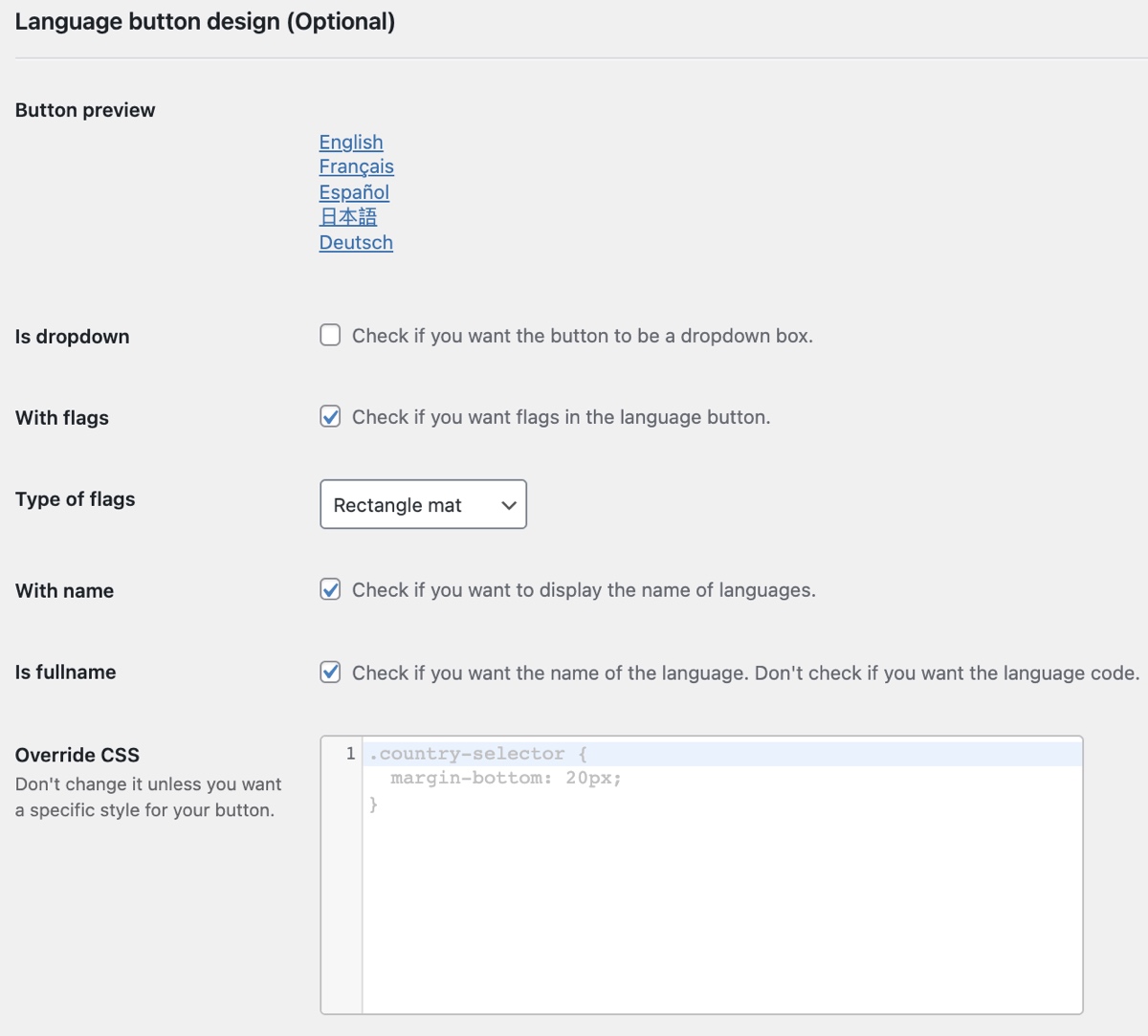 Opções de design do Weglot Translate