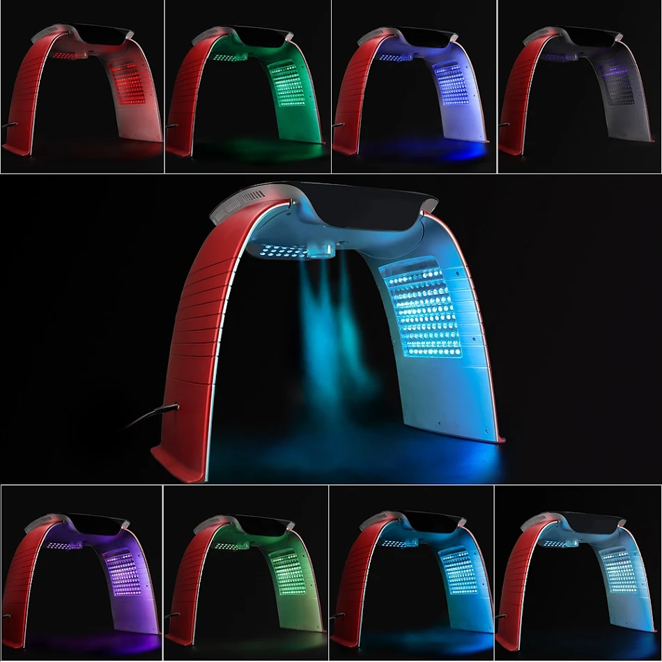 Instrument de beauté de rajeunissement de la peau à photons LED colorés et spray chaud et froid. Pour une peau éclatante et revitalisée.