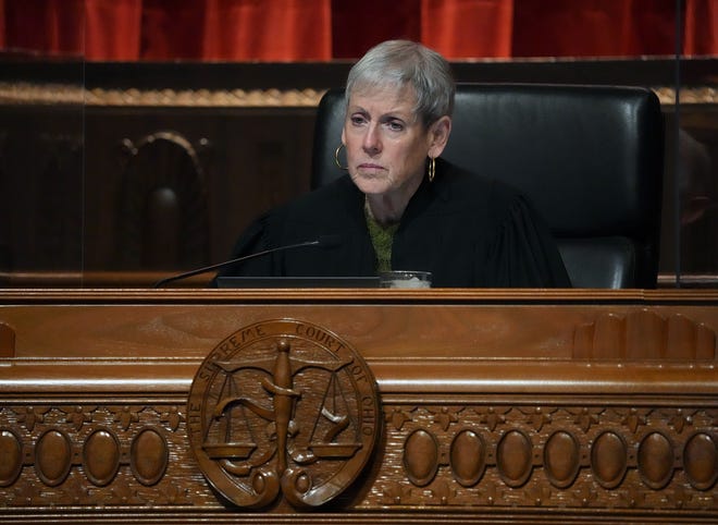 Chief Justice Maureen O'Connor listens to oral arguments in League of Women Voters of Ohio, et al. vs. Ohio Redistricting Commission, et al. at the Ohio Supreme Court in Columbus, Ohio on December 8, 2021. The lawsuit is in regards to the recently redrawn congressional map, which has to be finalized before elections next year.