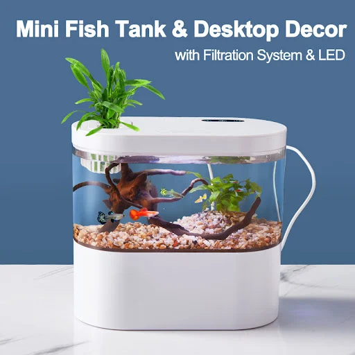 Mini Desktop Aquarium Miniature Fish Tank with Biochemical Filtration System & LED Small Aquatic Organisms Eco Box Home 