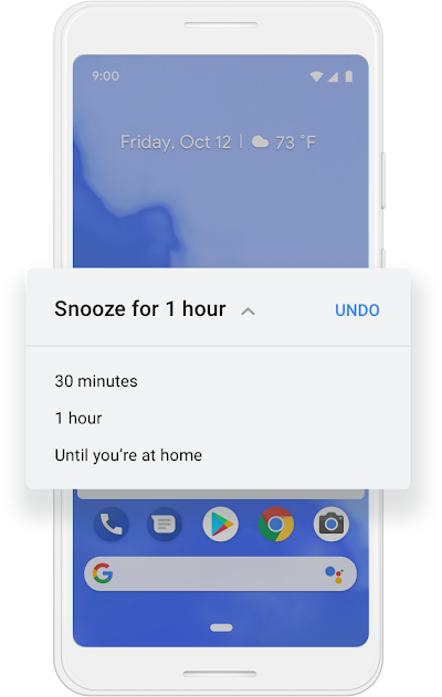 A Google phone with option to Snooze notifications for 30min, one hour, or until the user is home.