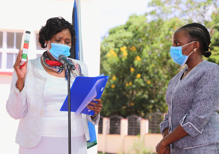 Chairperson of the Kitui CPSB, Florence Makindi, taking the oath of office in late April this year.