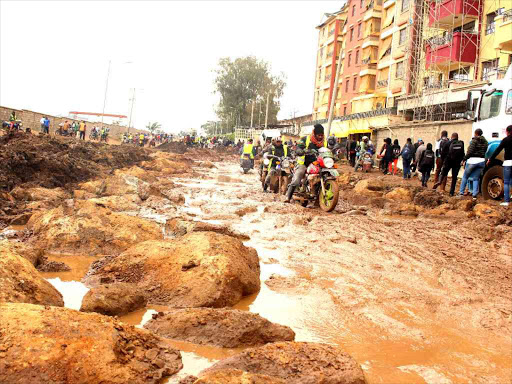 The road over whose poor state resulted in a protests by matatu operators on Kasarani-Mwiki road, April 19, 2018. /EZEKIEL AMING'A