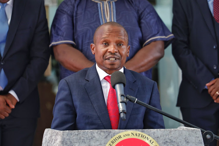 Interior Cabinet Secretary Kithure Kindiki during a presser at Harambee House, Nairobi, March 9, 2023.