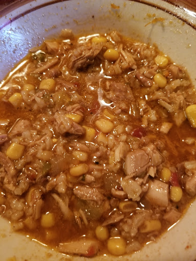 Leftover turkey turned into an amazing tortilla-esque soup! Broth from turkey drippings, plus rotel, green chilies, & taco seasoning-- YUM.