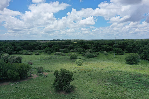 Green field with scattered trees in this luxury farmhouse for sale in Waelder ($2,270,000)
