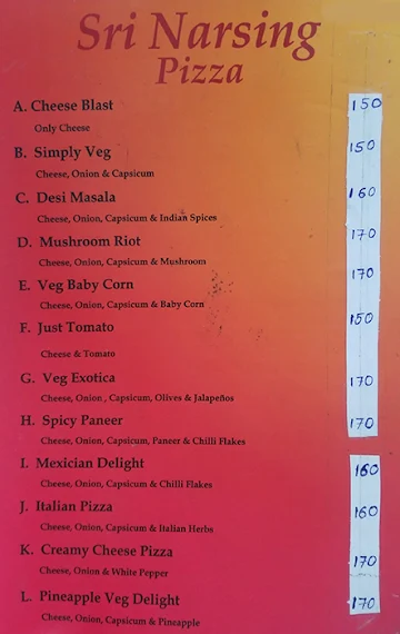 Sri Narsing Bhelpuri & Juice Centre menu 