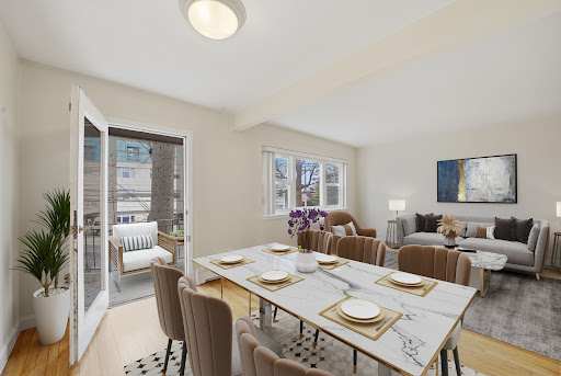 Furnished dining and living room with balcony in this luxury apartment / penthouse for sale in New Rochelle ($243,000)