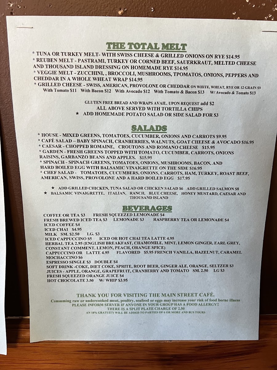 Main Street Cafe gluten-free menu