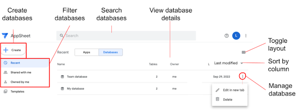 データベースが表示されている [My Apps] ページ