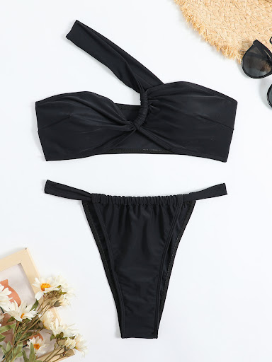 Title 4, Solid Color Split Swimsuit with Single-Shoulder...