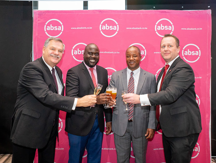 Senior advisor international investments Absa Group,Peet Bothma, CMA's risk analysis head Peter Onyango, Interim CEO - Absa Bank Kenya Yusuf Omari and retail and business banking managing executive - Absa Kenya David Hardisty, toast during the launch of the offshore proposition.