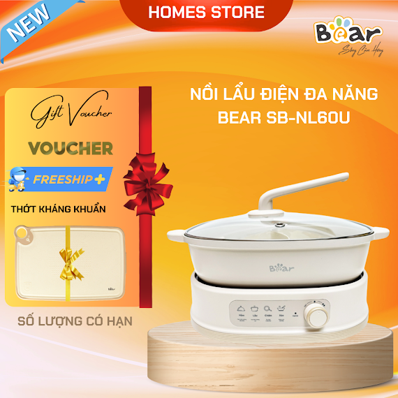 Nồi Điện Đa Năng, Nồi Lẩu Điện 2 Ngăn Bear Bear Sb - Nl60U Nhiều Chế Độ Nấu Lẩu Hầm Ninh Chiên Rán Xào Dung Tích 6 Lít Công Suất 1600 W - Hàng Chính Hãng