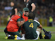 Eben Etzebeth (captain) of South Africa injured during the Rugby Championship 2017 match between South Africa and New Zealand at DHL Newlands on October 07, 2017 in Cape Town, South Africa.