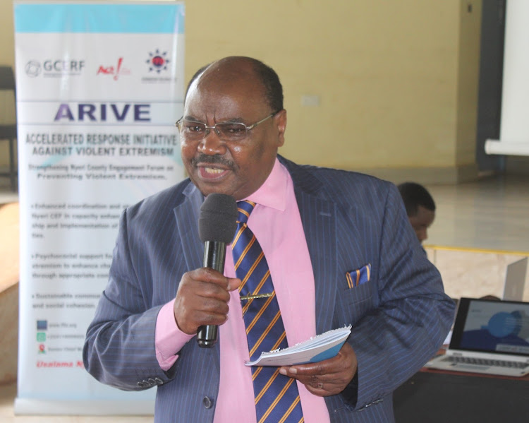 Nyeri deputy governor David Kinaniri addresses the PFA network members, Foundation For Dialogue and government officials during the launch of the network and the Referral Guidelines for Survivors of Violent Extremism booklet