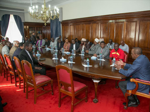 President Uhuru Kenyatta and Deputy President William Ruto during a meeting with religious leaders at State House in Nairobi, October 18, 2017. /PSCU