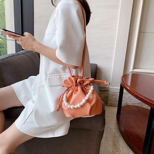 Title 6, Pleated Drawstring Bucket Bag for Women, Solid ...