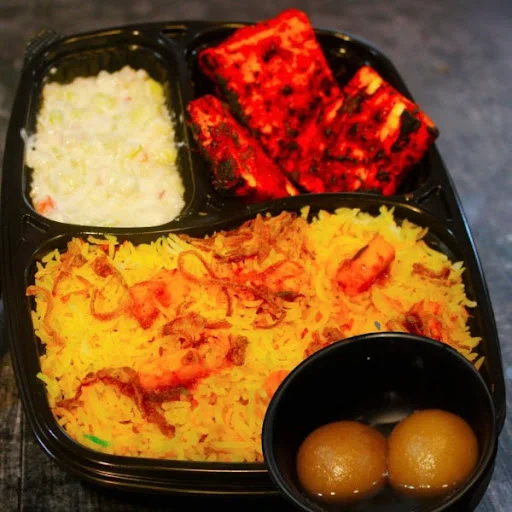 Veg Biryani + Paneer Tikka (3 pcs) + Dessert