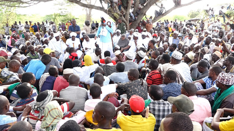 Orma council of elders endorsing Interior CAS and former Tana River Governor Hussein Dado as the community's preferred candidate for governor at Wayu village.