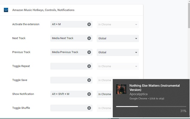 Amazon Music Hotkeys, Controls, Notifications